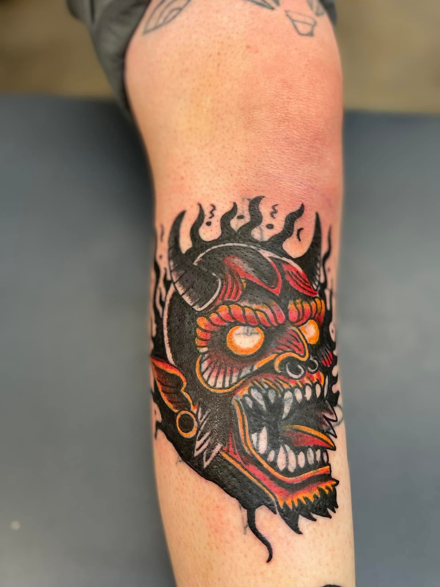 Devil Neo Trad Blast over — tattoo by @sean_e_bones